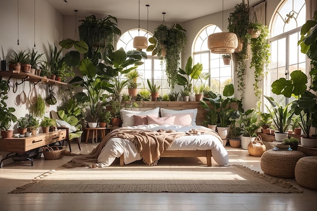 Modern boho bedroom with many plants cozy bed and view at the garden