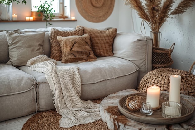 Modern boho interior with candles and crochet pillow cases