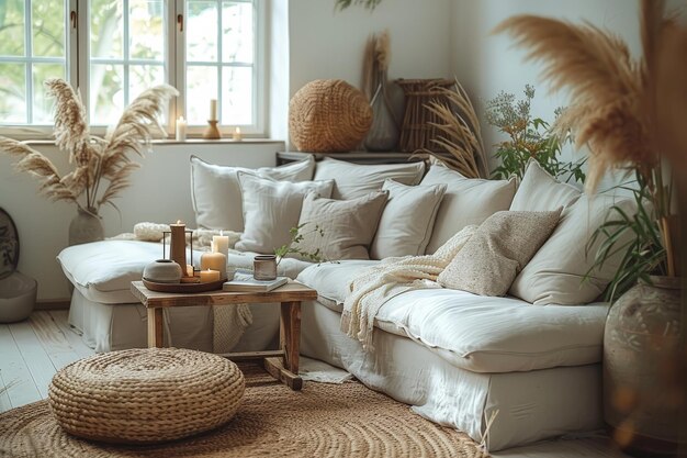 Modern boho interior with candles and crochet pillow cases