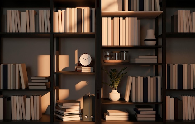 Modern bookshelves background with different kinds of books and home decor