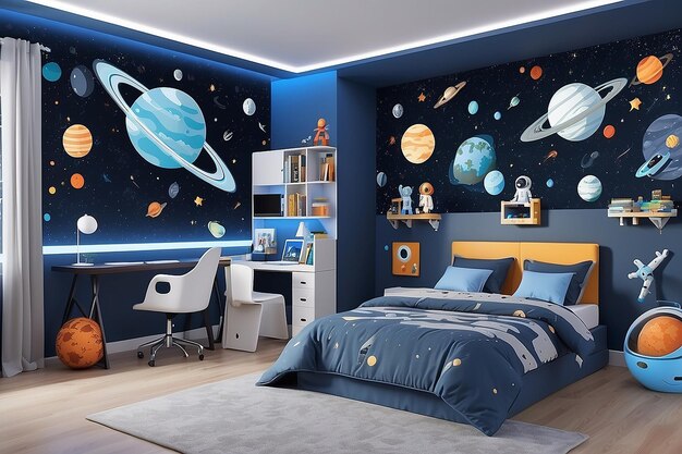 Modern boy bedroom with space theme decoration generative ai