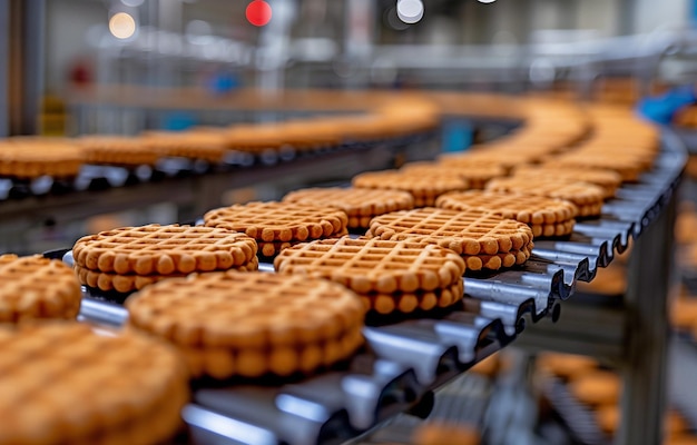 Foto moderno metodo industriale del pane che utilizza una linea di trasportatore automatico per produrre waffle cookie