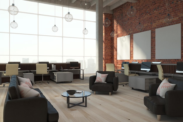 Modern brick coworking interior with banners