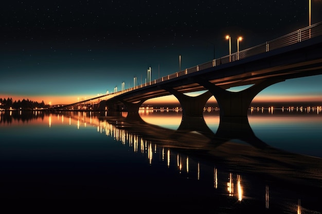 Modern bridge illuminated at night over calm waters created with generative ai