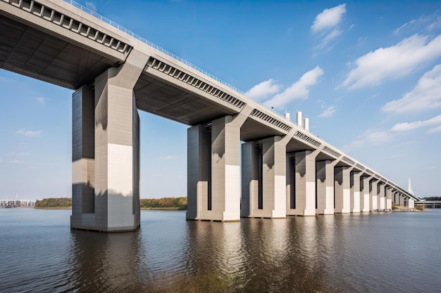 Ponte moderno con colonne imponenti e design elegante che attraversa un fiume trafficato creato con l'intelligenza artificiale generativa