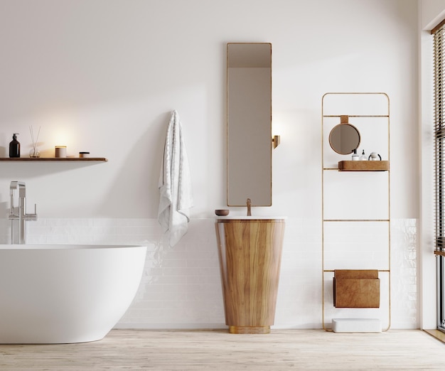 Современный яркий интерьер ванной комнаты с деревянной мебелью, ванной и раковиной с зеркальным 3d-рендерингом