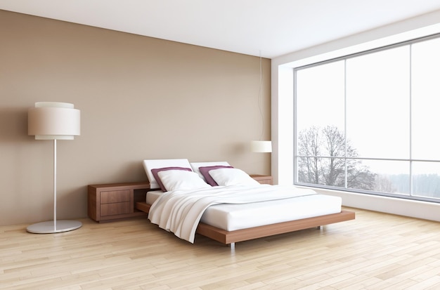 Modern bright bed room interiors 3D rendering