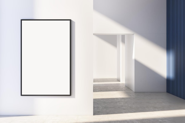 Современный ярко-синий и белый пустой интерьер с пустым макетом плаката на стене 3D рендеринг
