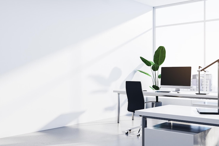 Photo modern bright coworking office interior with empty mock up place on wall panoramic window and sunlight furniture and equipment 3d rendering