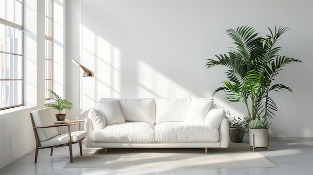 Modern bright interior 3D rendering White sofa green plant and sunlight