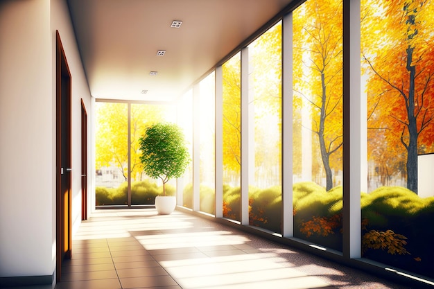 Modern bright interior of empty office hall overlooking autumn garden