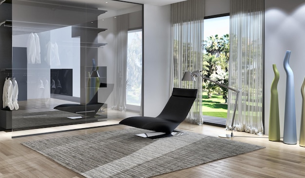 Modern bright interiors 3D rendering illustration