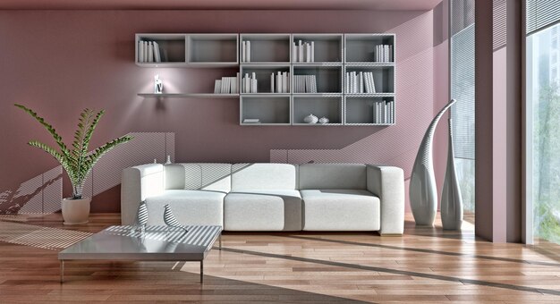 Modern bright interiors 3D rendering illustration