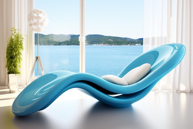 Modern bright interiors 3d rendering with blue chaise longue