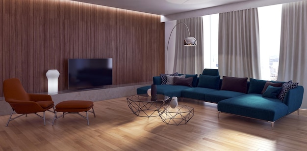 Modern bright interiors apartment Living room 3D rendering illustration