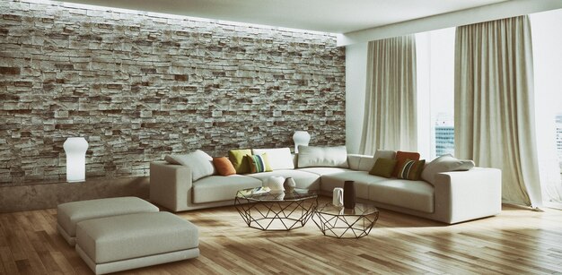 Modern bright interiors apartment Living room 3D rendering illustration