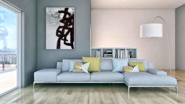 Modern bright interiors apartment Living room 3D rendering illustration