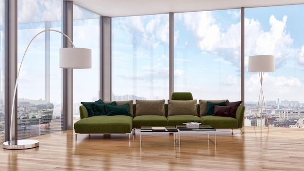 Современные светлые интерьеры квартиры Гостиная 3D рендеринг иллюстрации