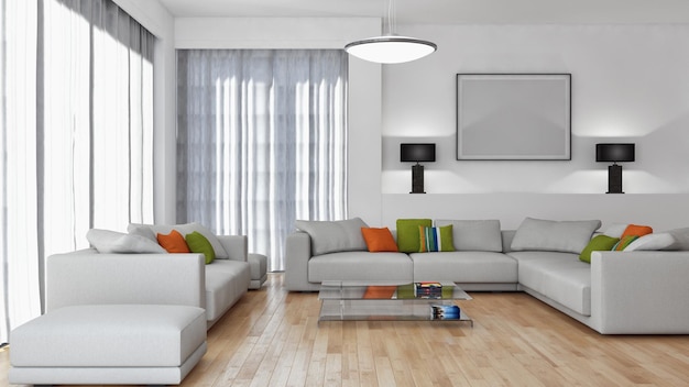 Современные светлые интерьеры квартиры Гостиная 3D рендеринг иллюстрации