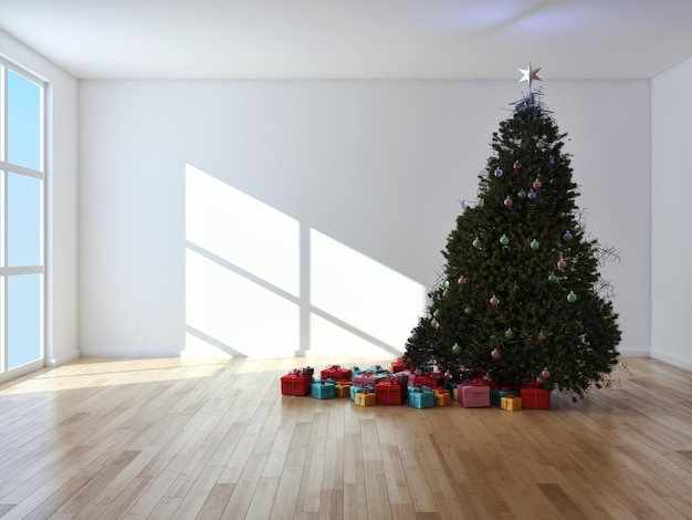 Modern bright interiors apartment living room with Christmas tree 3D rendering illustration