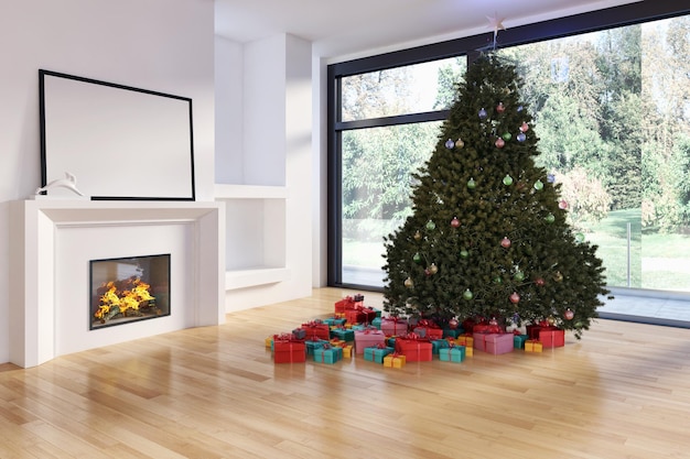 Modern bright interiors apartment living room with Christmas tree 3D rendering illustration