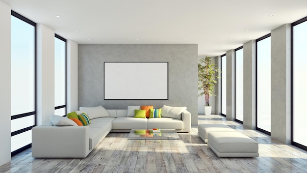 modern bright interiors apartment with mock up poster frame illustration 3d rendering computer generated image