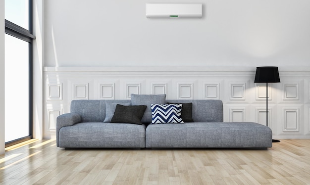 Interni moderni e luminosi soggiorno con illustrazione di aria condizionata rendering 3d di immagini generate al computer
