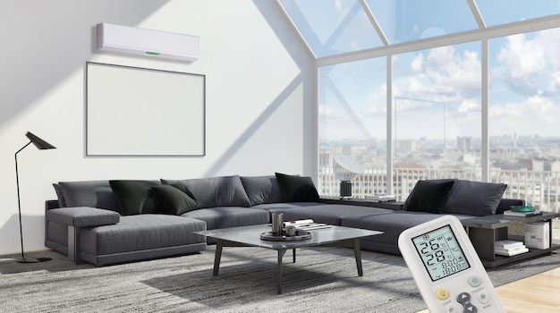 Modern bright interiors Living room with air conditioning illustration 3D rendering computer generated image