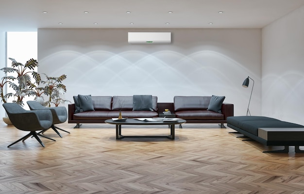 Modern bright interiors Living room with air conditioning illustration 3D rendering computer generated image