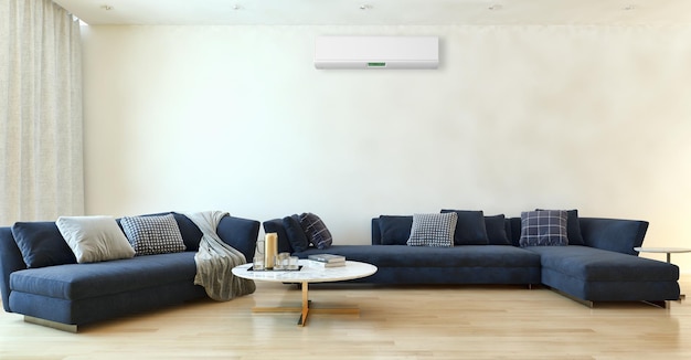Interni moderni e luminosi soggiorno con aria condizionata e telecomando illustrazione rendering 3d di immagini generate al computer