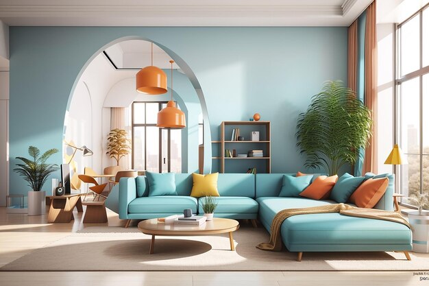 Modern bright interiors room 3d rendering illustration