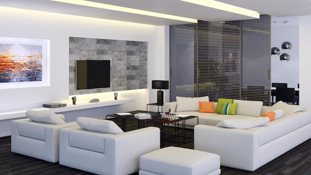 Modern bright interiors room 3D rendering illustration