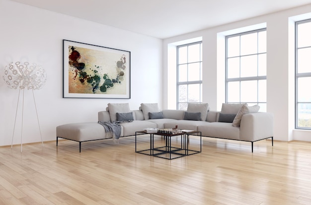 Modern bright interiors room 3D rendering illustration