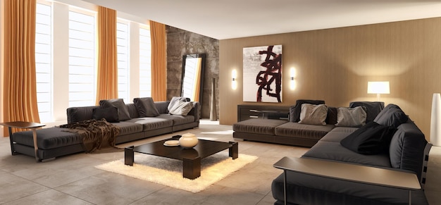 Modern bright interiors room 3D rendering illustration