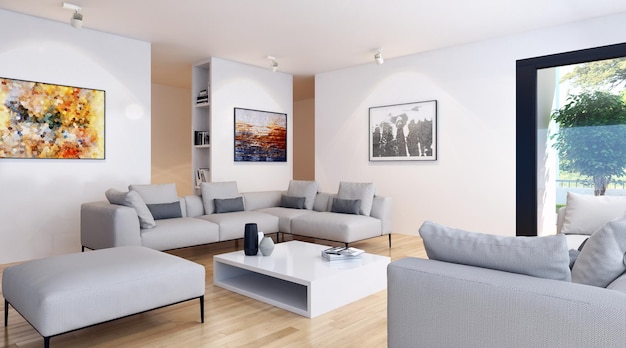 Modern bright interiors room 3D rendering illustration