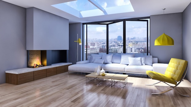 Modern bright interiors room 3D rendering illustration