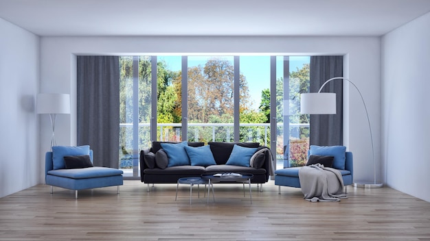 Modern bright interiors room 3D rendering illustration