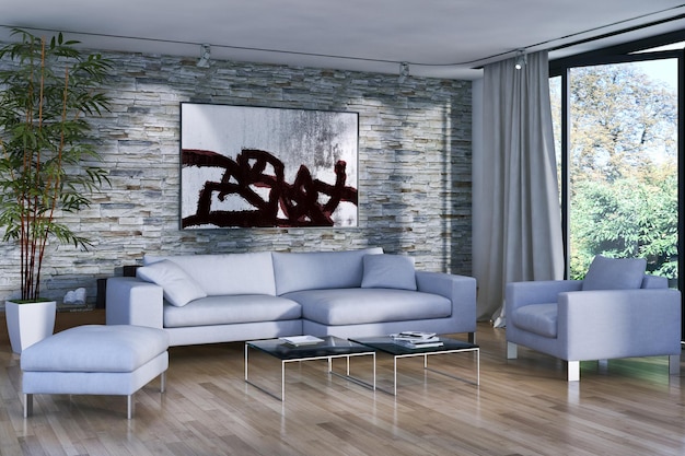 Modern bright interiors room 3D rendering illustration