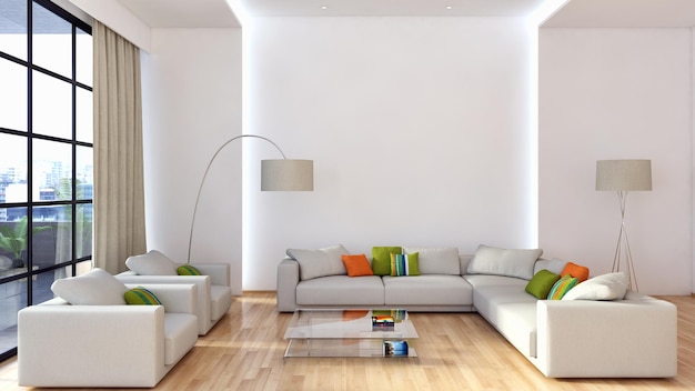 Modern bright interiors room 3D rendering illustration