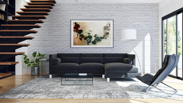 Modern bright interiors room 3D rendering illustration