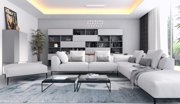 Modern bright interiors room 3D rendering illustration