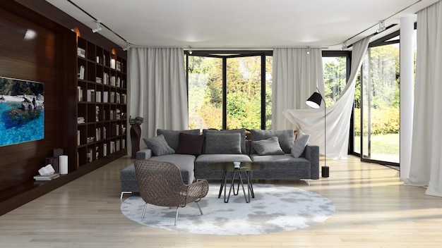 Modern bright interiors room 3D rendering illustration