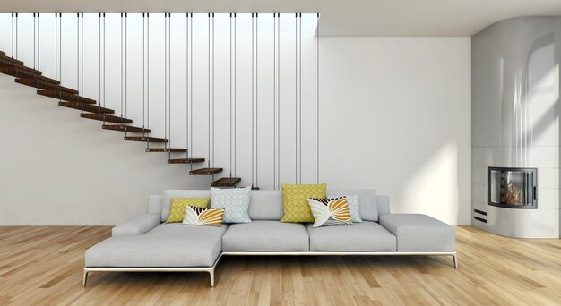 Modern bright interiors room 3D rendering illustration