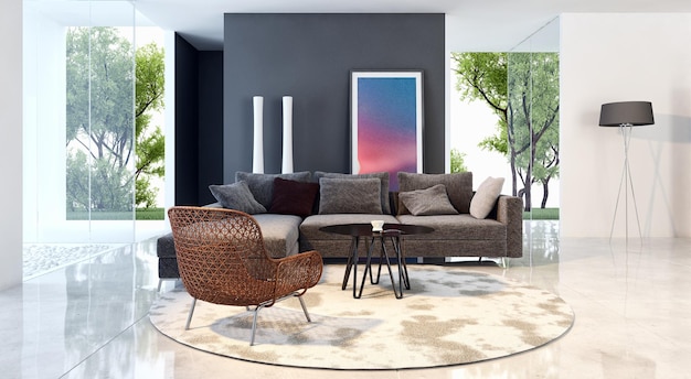 Modern bright interiors room 3D rendering illustration