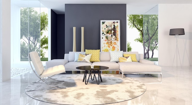 Modern bright interiors room 3D rendering illustration