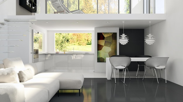 Modern bright interiors room 3D rendering illustration