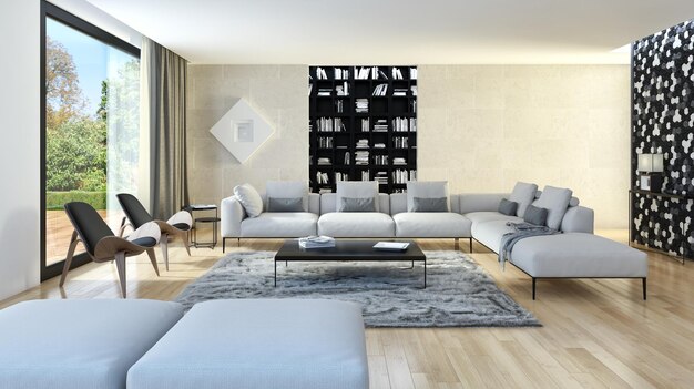 Modern bright interiors room 3D rendering illustration