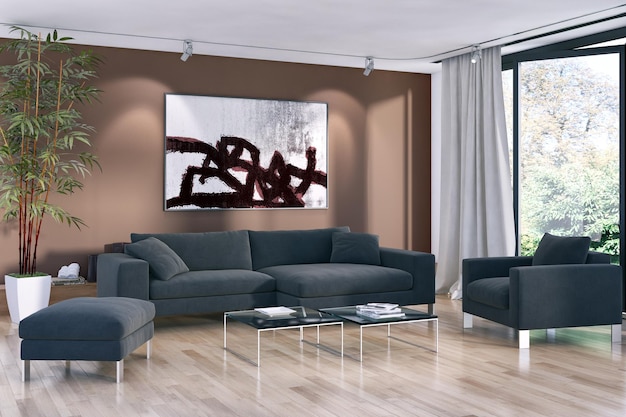 Modern bright interiors room 3D rendering illustration