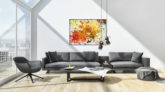 Modern bright interiors with mock up poster frame illustration 3D rendering computer generated image