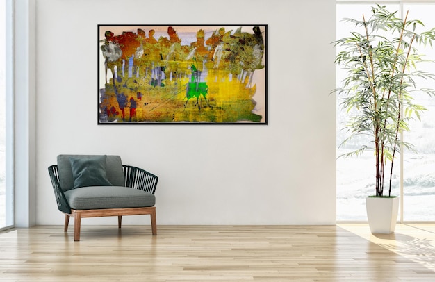 Modern bright interiors with mock up poster frame illustration 3D rendering computer generated image